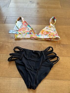 O'Neill Floral Multi-Color Bikini Top with Black Strappy Bottoms